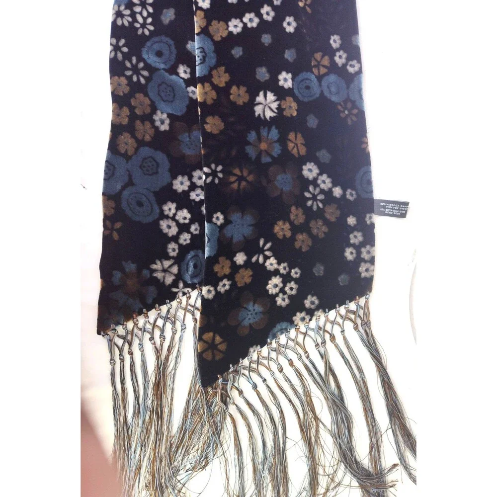 NORDSTROM Black Velvet Burnout Floral Viscose &Silk Scarf Made in Italy 69”x10”